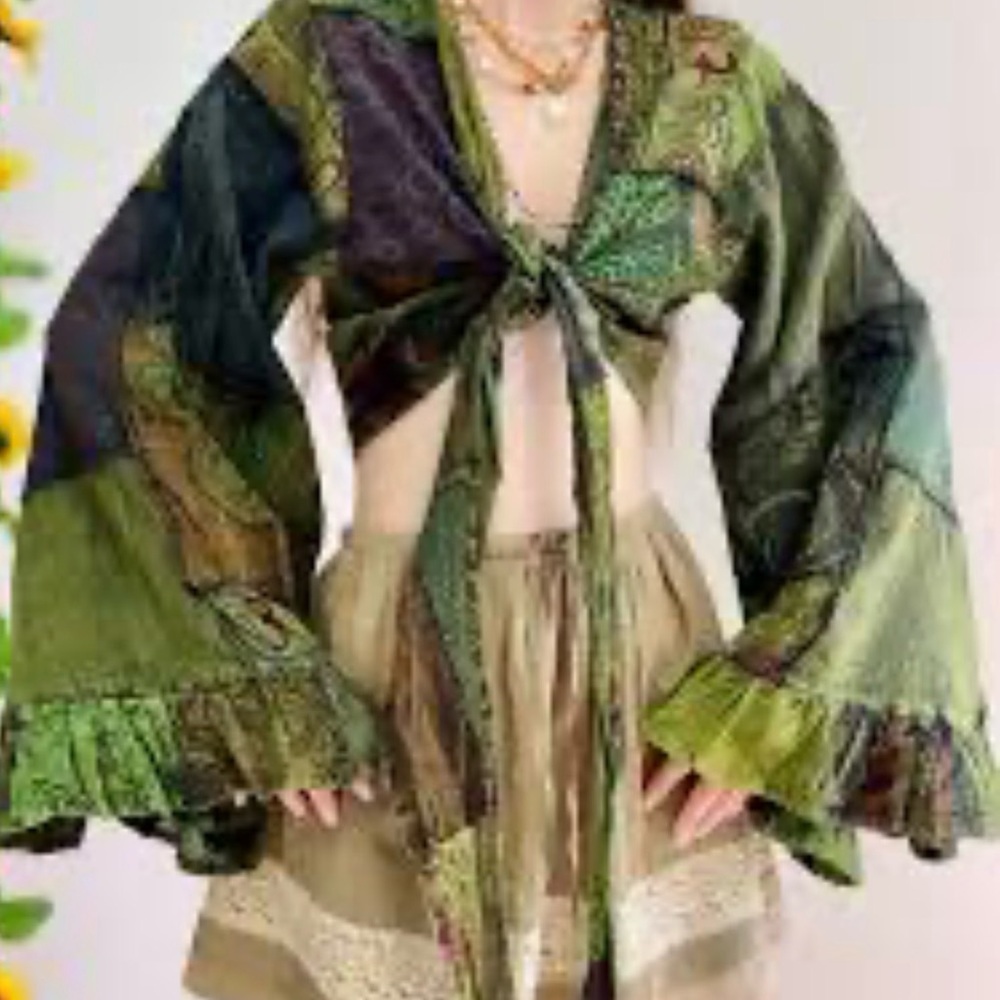 Kathmandu Multicolor Patchwork Tie-Front Bell Sle… - image 1